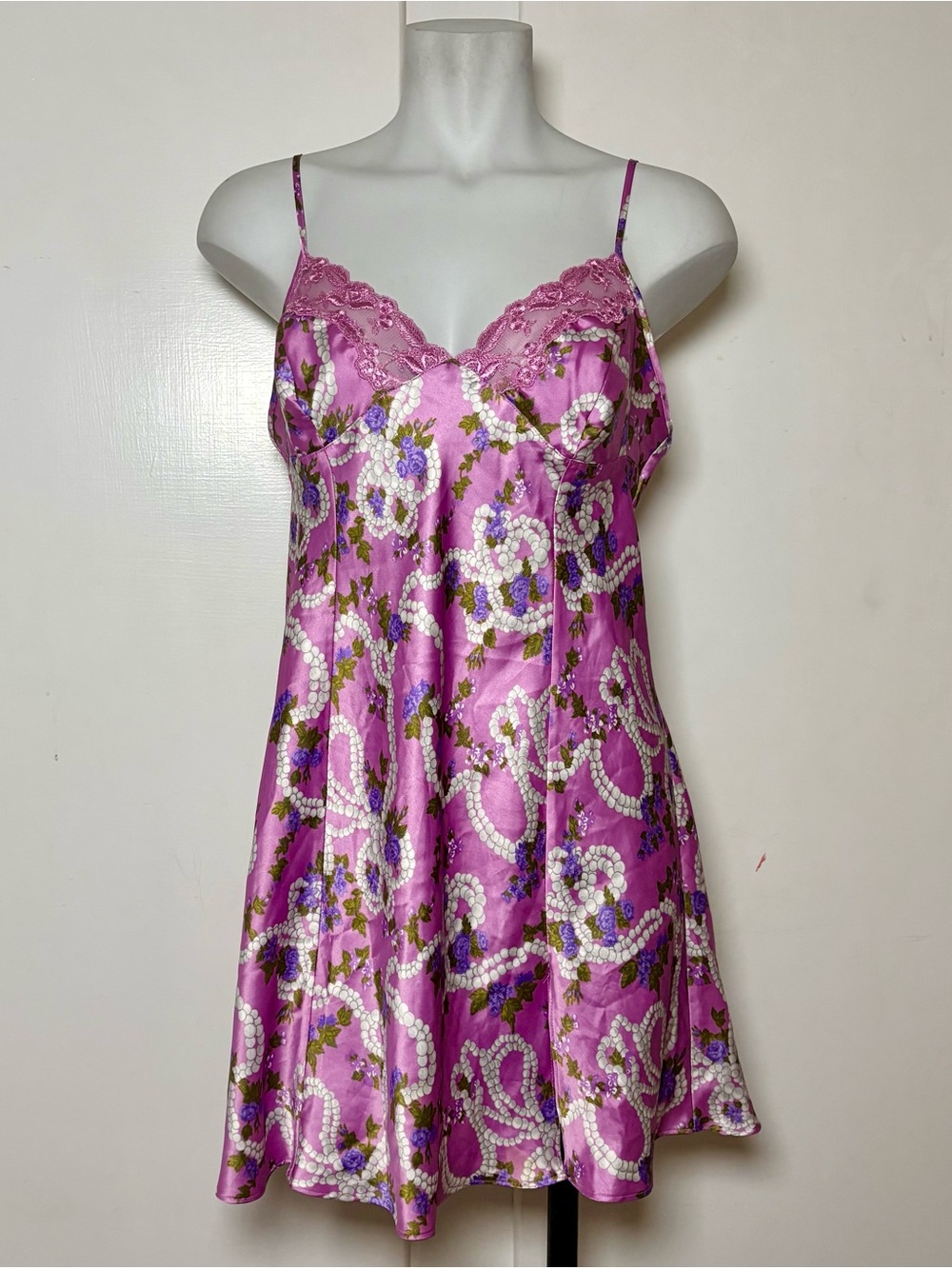 Vintage Y2K Victoria’s Secret Purple Floral Pearl Print Satin Mini Slip Dress